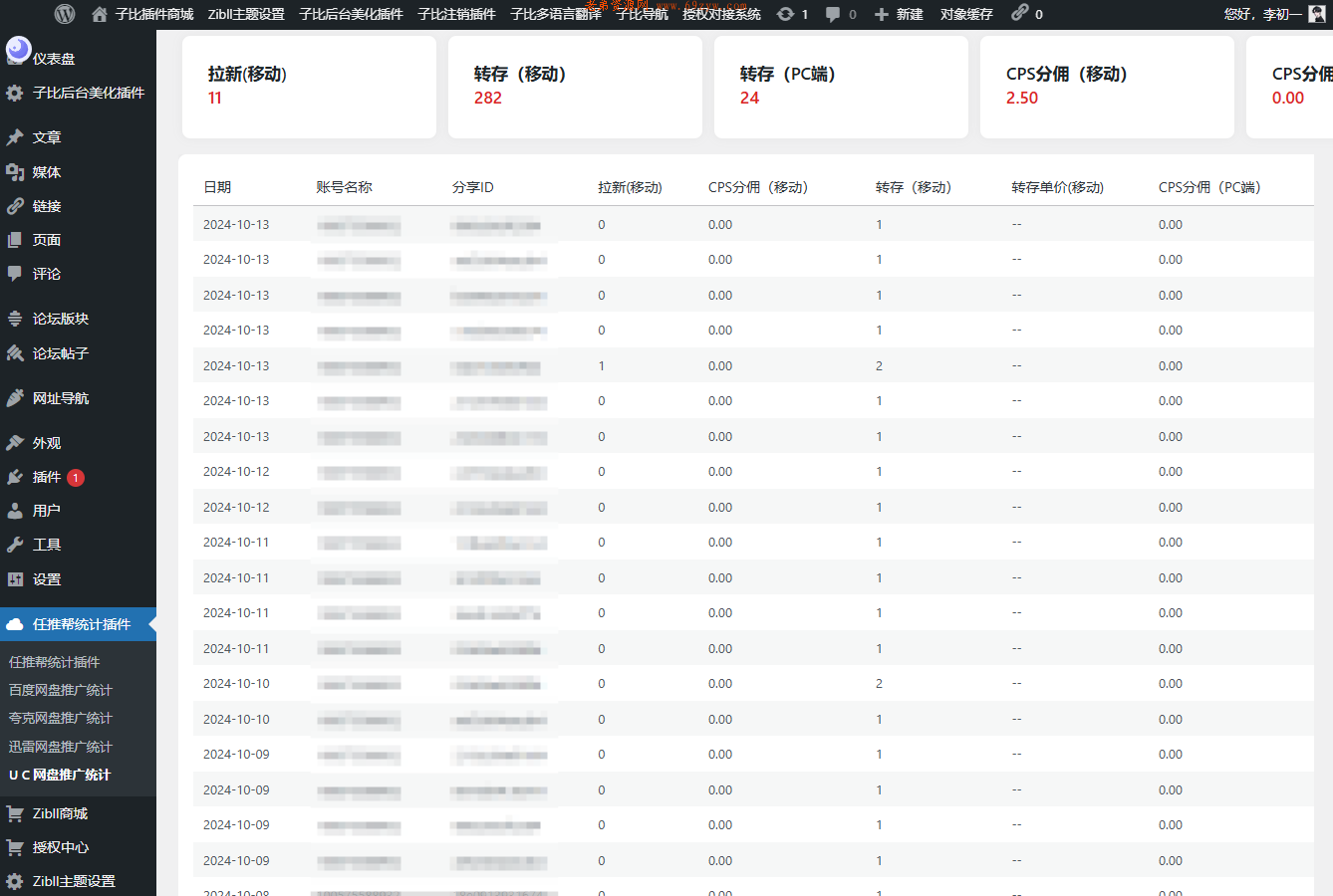 WordPress任推帮网盘拉新数据统计插件